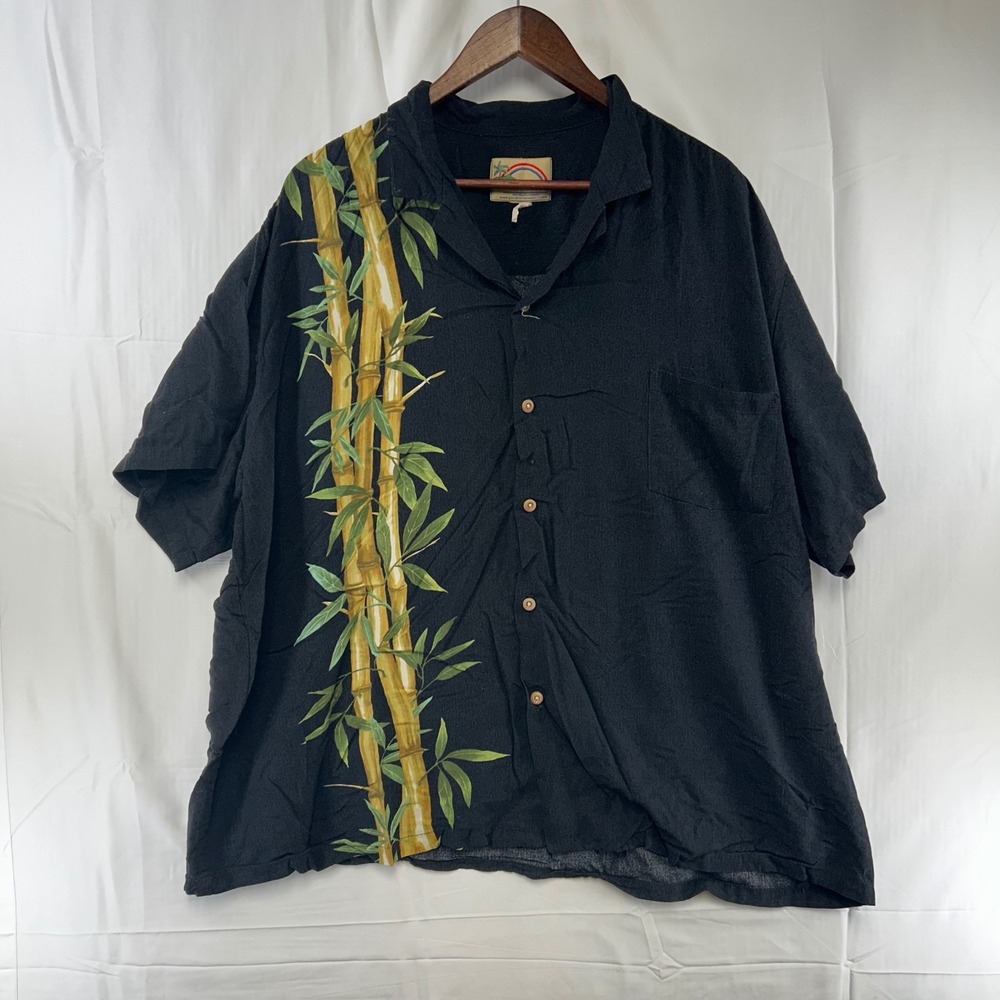 Paradise Found Hawaiian Shirt Mens 3XL Black Bamboo Graphic Rayon Aloha Shirt